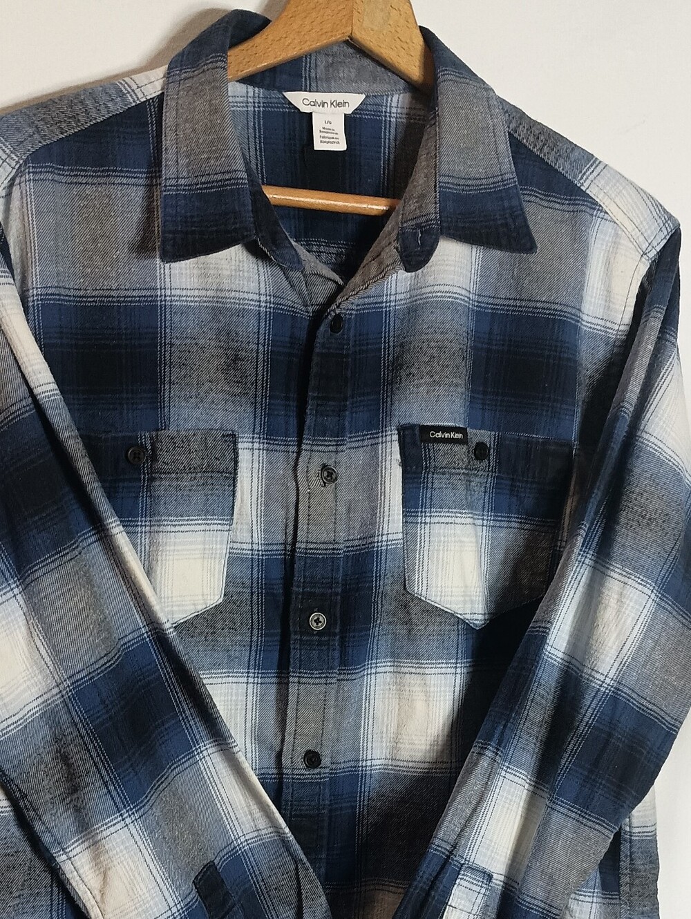Calvin Klein Men's Blue and White Plaid Button-Down Shirt